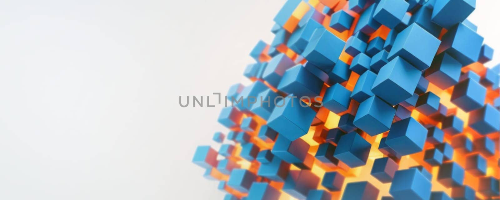 This is a generative art image of a 3D structure composed of numerous small, interconnected cubes. The cubes are primarily blue, with some appearing orange due to the lighting or shading effects. The structure has an irregular, somewhat pyramidal shape. It appears dynamic and complex, with a sense of movement or transformation conveyed by the arrangement and color gradient of the cubes. The background is plain white, putting the focus entirely on the colorful 3D structure. Generative AI