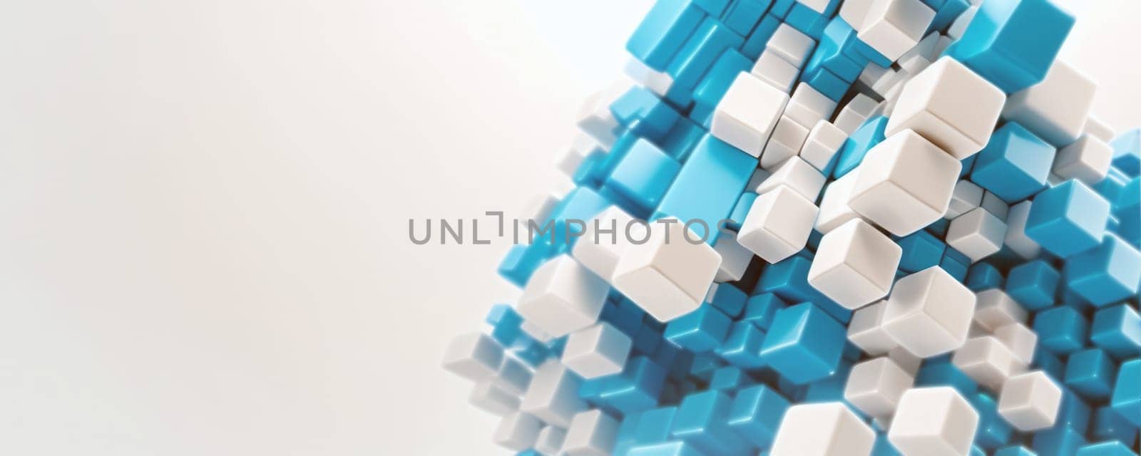 This is a generative art image of a cluster of three-dimensional cubes, with varying shades of blue and white. The cubes are arranged in an irregular pattern, creating a dynamic and complex structure. The background is plain white, making the colorful cubes stand out prominently. There is a sense of movement or transformation, as if the cubes are assembling or disassembling. The lighting casts soft shadows on the cubes, adding depth and dimension to the image. Generative AI