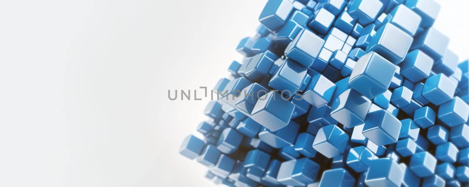 This is a generative art image of a cluster of three-dimensional cubes in blue. The cubes have different shades of blue, creating a sense of depth and volume. They are tightly packed together, forming an irregular, rounded shape that occupies the right side of the image. The background is white and gradient, with a soft shadow cast by the cluster of cubes, providing a contrast that makes the blue cubes stand out brightly. Generative AI