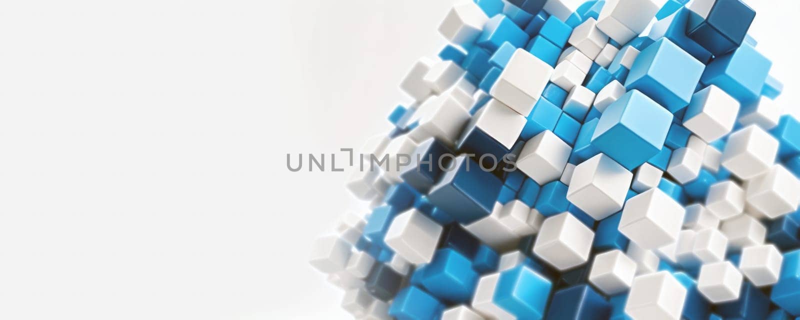 This is a 3D rendering of numerous cubes clustered together. The cubes are in various shades of blue and white, creating a visually appealing contrast. The arrangement of the cubes gives a sense of depth and dimension, with some cubes appearing closer and others further away. The background is white, which enhances the visibility and color contrast of the blue and white cubes. There is a shadow beneath the cluster of cubes, adding to the 3D effect. Generative AI