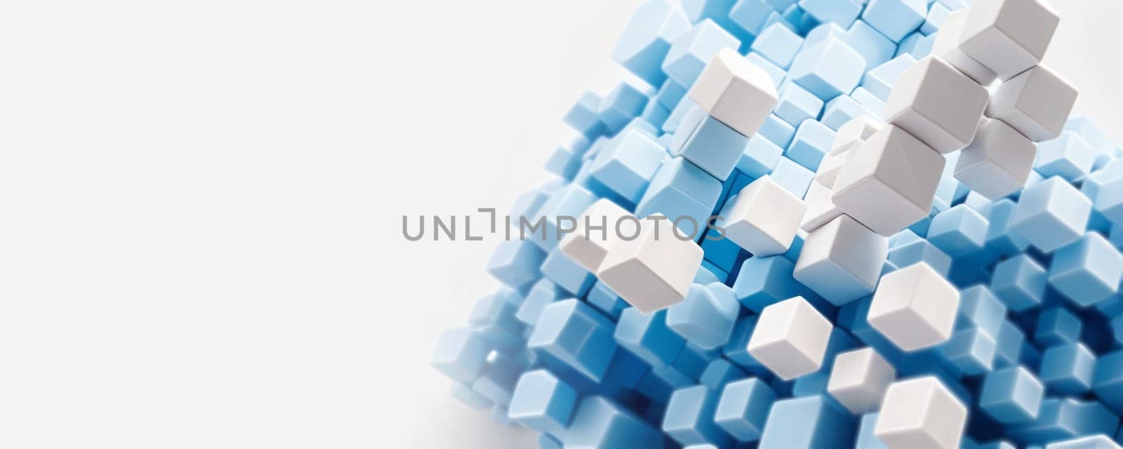 The image presents a cluster of small, 3D cubes forming a structure. The majority of the cubes are blue, contrasting with the white background and a few interspersed white cubes. The arrangement and shadows give a sense of depth and dimensionality, evoking thoughts of digital technology or abstract art. Generative AI
