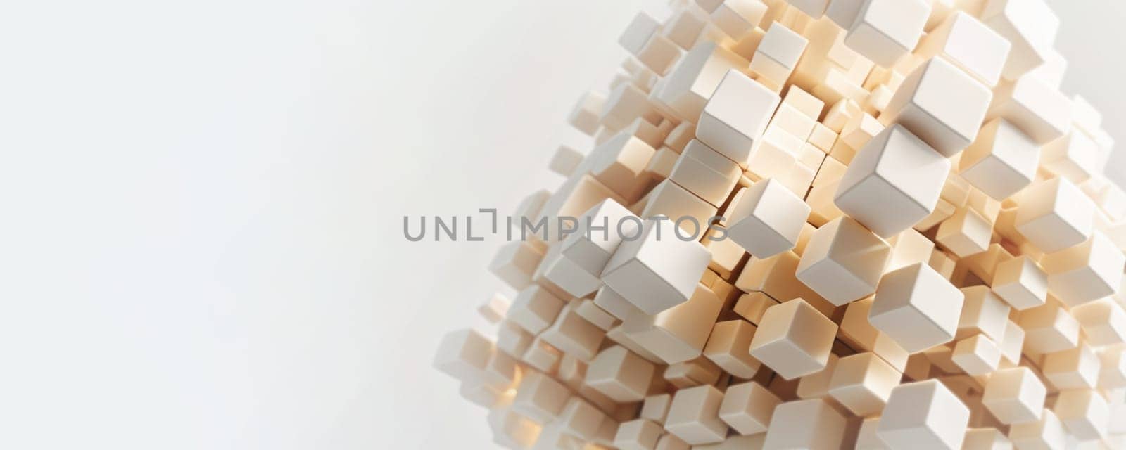 The image displays a cluster of white and beige cubes, forming an abstract 3D shape. The cubes of varying sizes appear to be floating or connected, illuminated from the top left corner, casting soft shadows and highlights on the surfaces. The minimalist aesthetic is emphasized by the white background. Generative AI