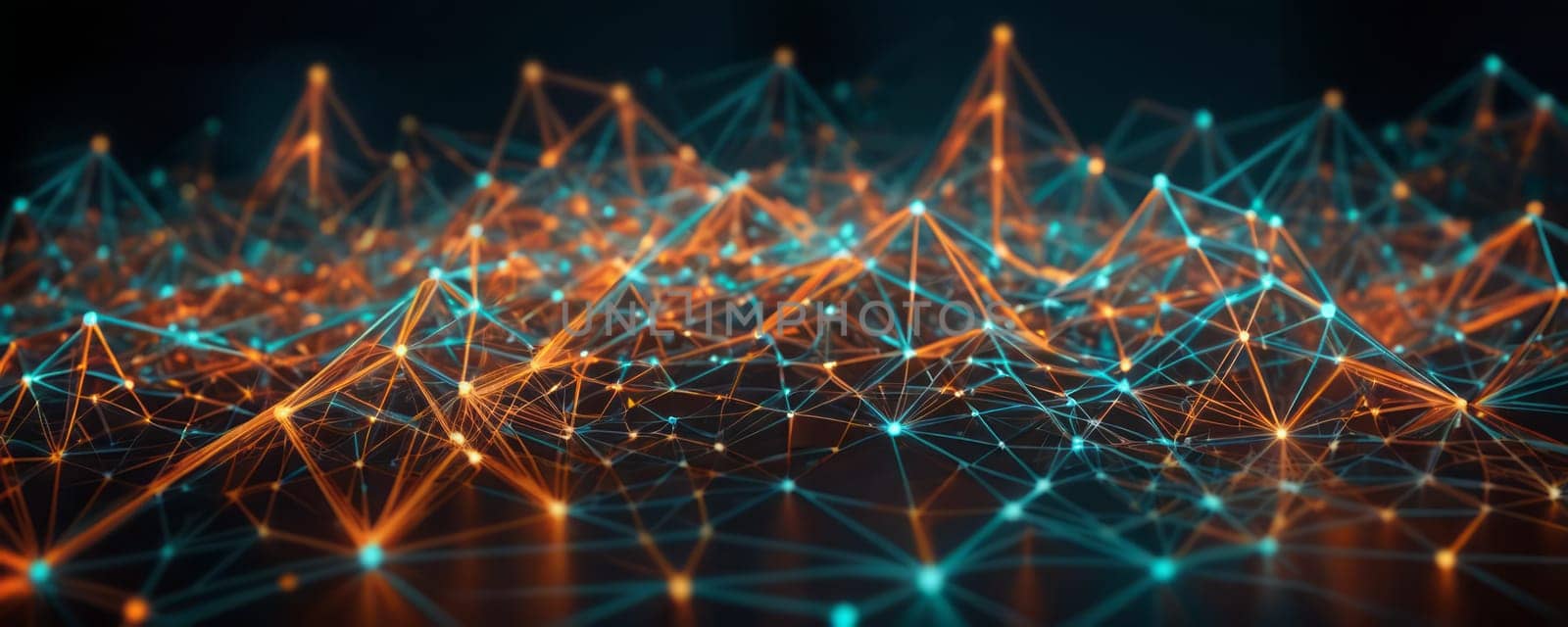 The image presents an intricate network of interconnected lines and dots, glowing in shades of blue and orange against a dark background. The intersection points emit light, enhancing the design and complexity of the network. The image conveys a technological and futuristic mood, suggesting themes of advanced computing or artificial intelligence. Generative AI