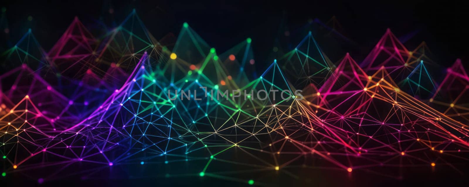 The image presents a vibrant network of interconnected lines and dots, forming a complex geometric pattern. The lines glow in a spectrum of colors like blue, pink, yellow, and green against a dark background. The image conveys a sense of futuristic technology and dynamic connectivity. Generative AI