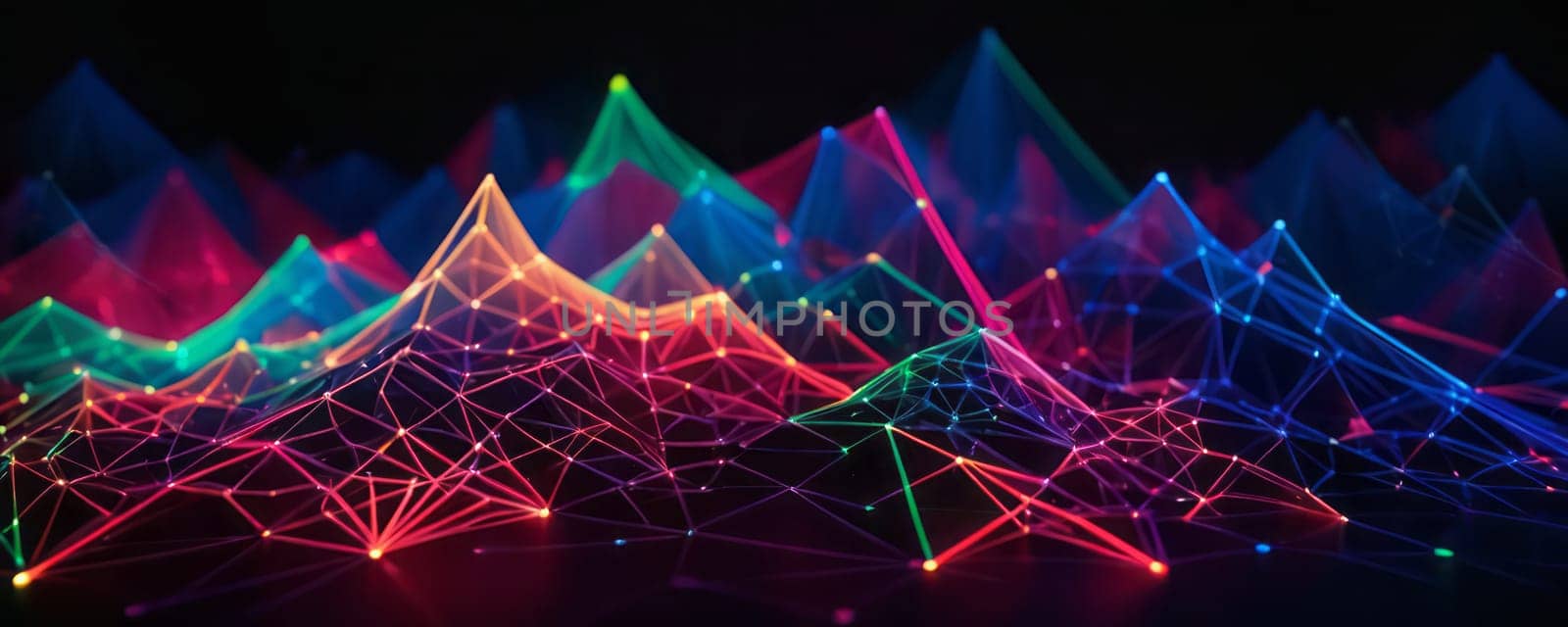 The image showcases a vibrant digital landscape made up of interconnected lines and dots, forming geometric shapes. The colors transition smoothly from green, yellow, red to purple, creating a visually appealing gradient effect. The image conveys a sense of futuristic technology and dynamic connectivity. Generative AI