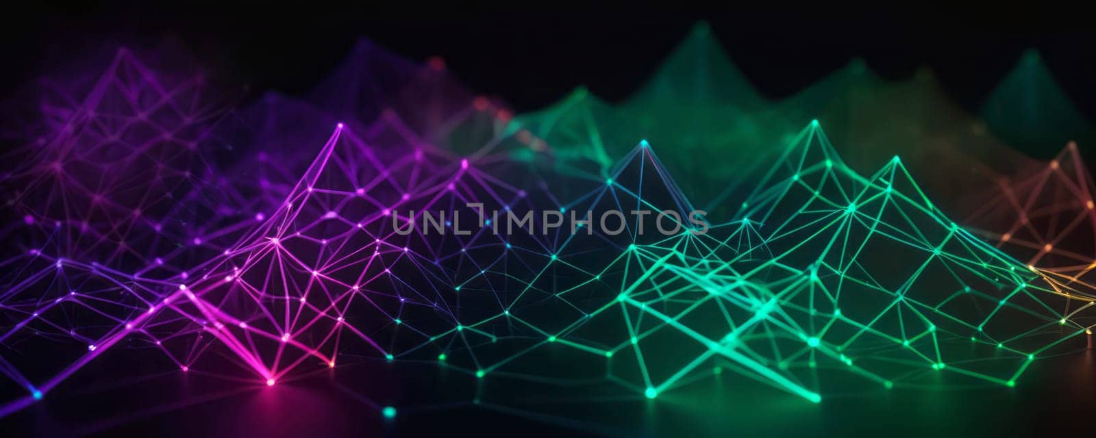 The image showcases a vibrant digital landscape made up of interconnected lines and dots, forming geometric shapes. The colors transition smoothly from purple to green, creating a visually appealing gradient effect. The image conveys a sense of futuristic technology and dynamic connectivity. Generative AI