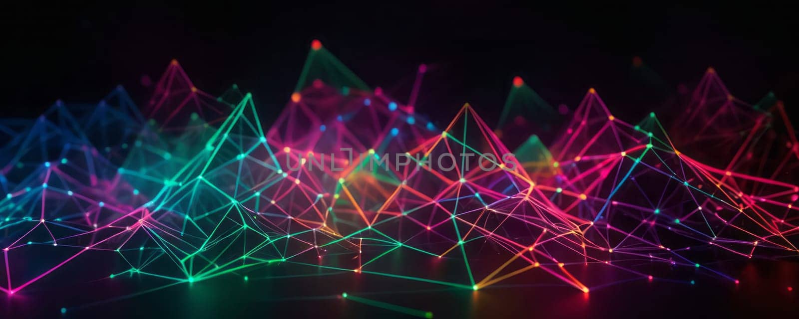 This image showcases a vibrant and colorful digital landscape made up of interconnected lines and dots, creating a network of geometric shapes. The colors range from blues, greens, reds to purples, giving a neon-like glow against the dark background. The intricate web of connections creates an abstract representation possibly symbolizing networks, connections or data visualization. Generative AI