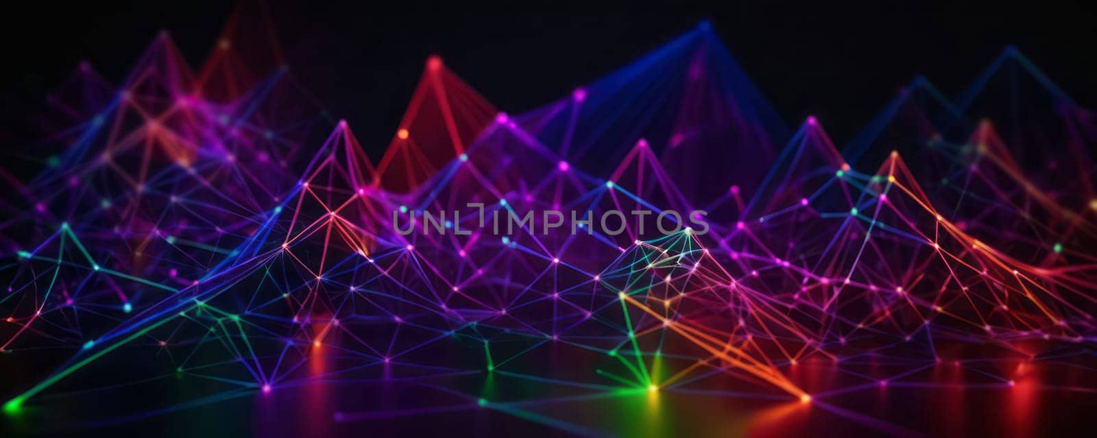 This image presents a vibrant and colorful digital landscape made up of interconnected lines and dots, forming geometric shapes like pyramids. The colors range from blue, green, red, purple, and their various shades illuminating the connections and vertices of the shapes. It gives off a neon glow effect against the dark background which enhances the visibility of each color. The intricate network of lines suggests complexity while the varying colors could indicate diversity or different types of connections or data points. Generative AI