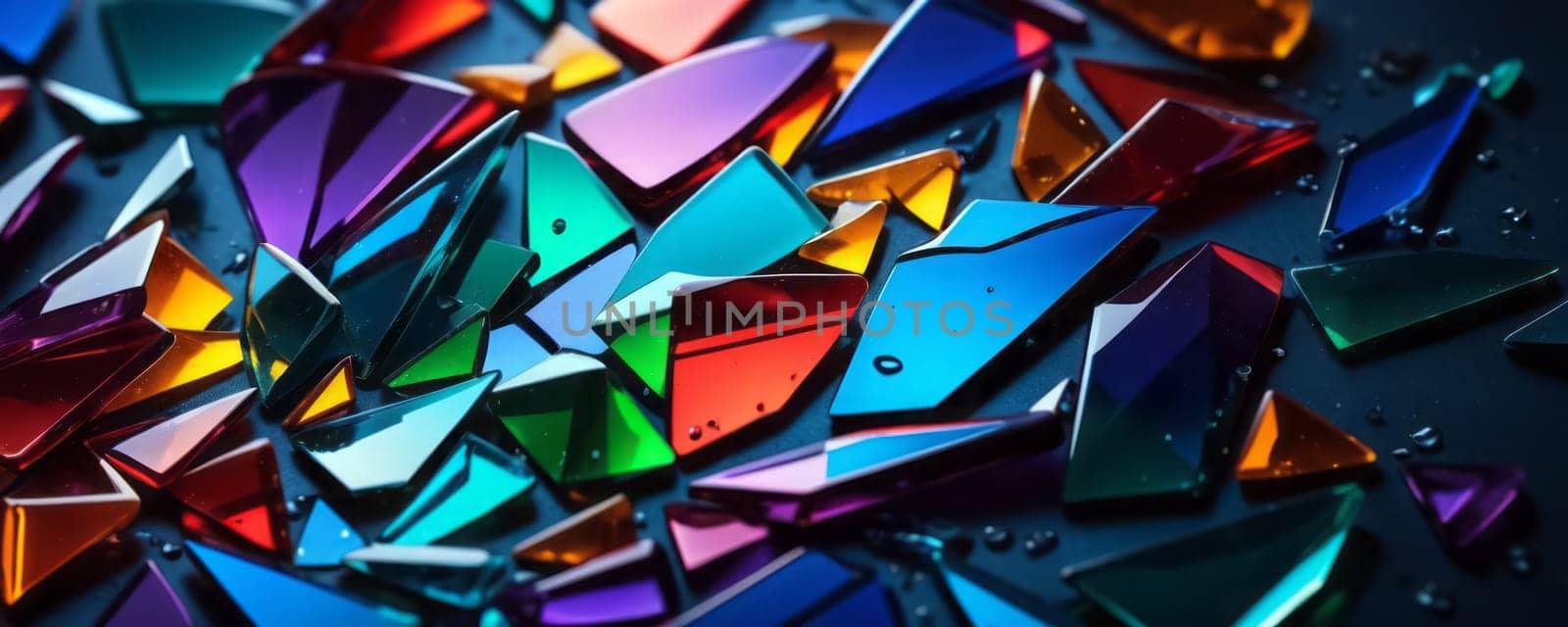 This image showcases a collection of colorful, shiny, and sharp-edged shards scattered across a surface. The shards come in various colors including blue, green, red, purple, and orange, reflecting light and creating a vibrant visual effect. The overall mood conveyed by this image is dynamic and visually stimulating due to the interplay of colors and reflections. Generative AI