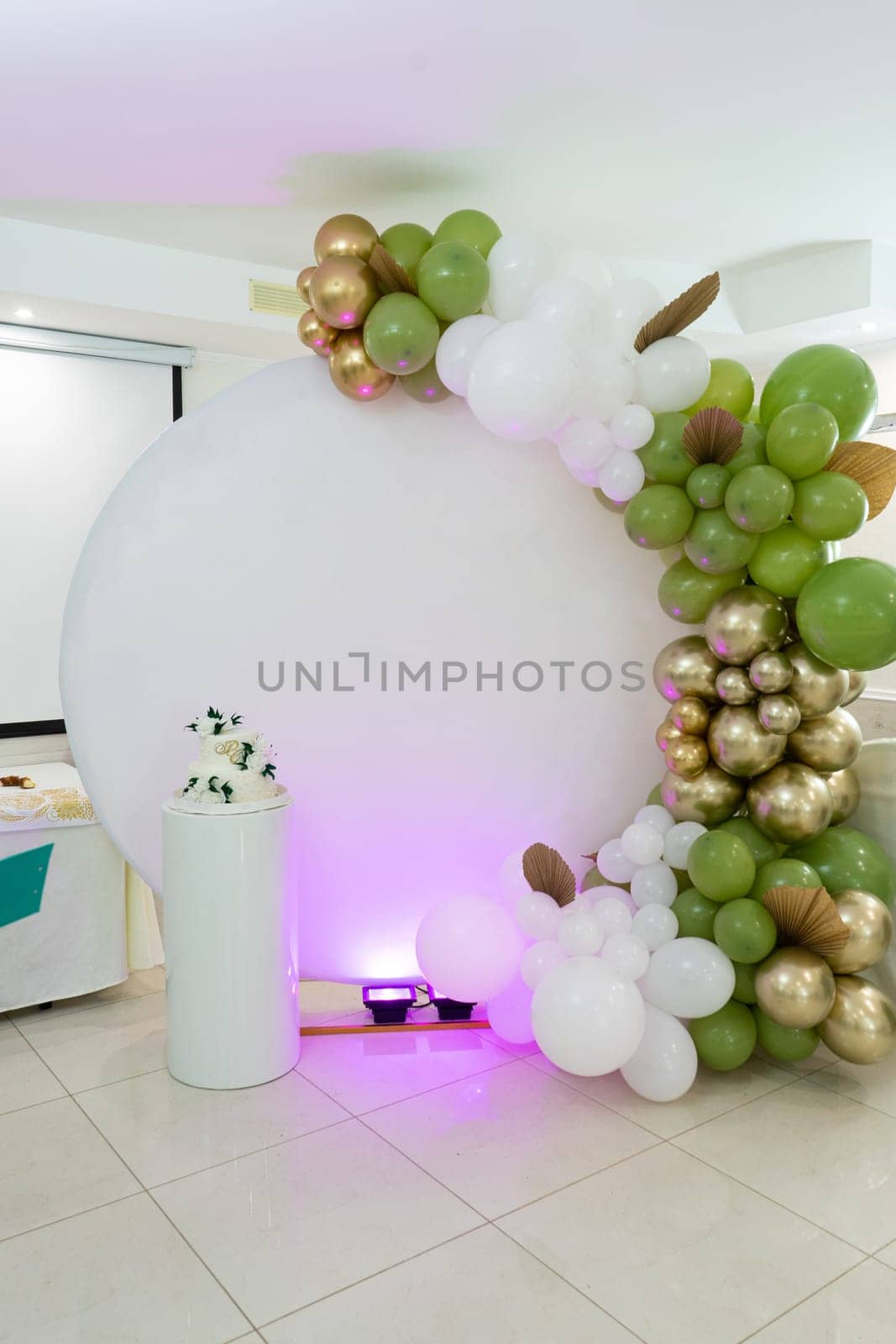 The white photo zone is decorated with balloons.