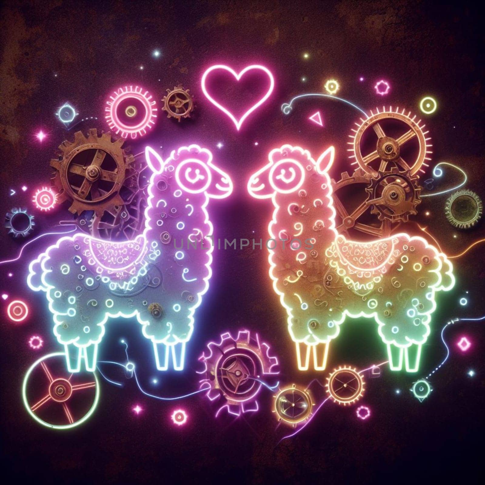 steampunk neon alpaca love valentines day love rusty background illustration by verbano