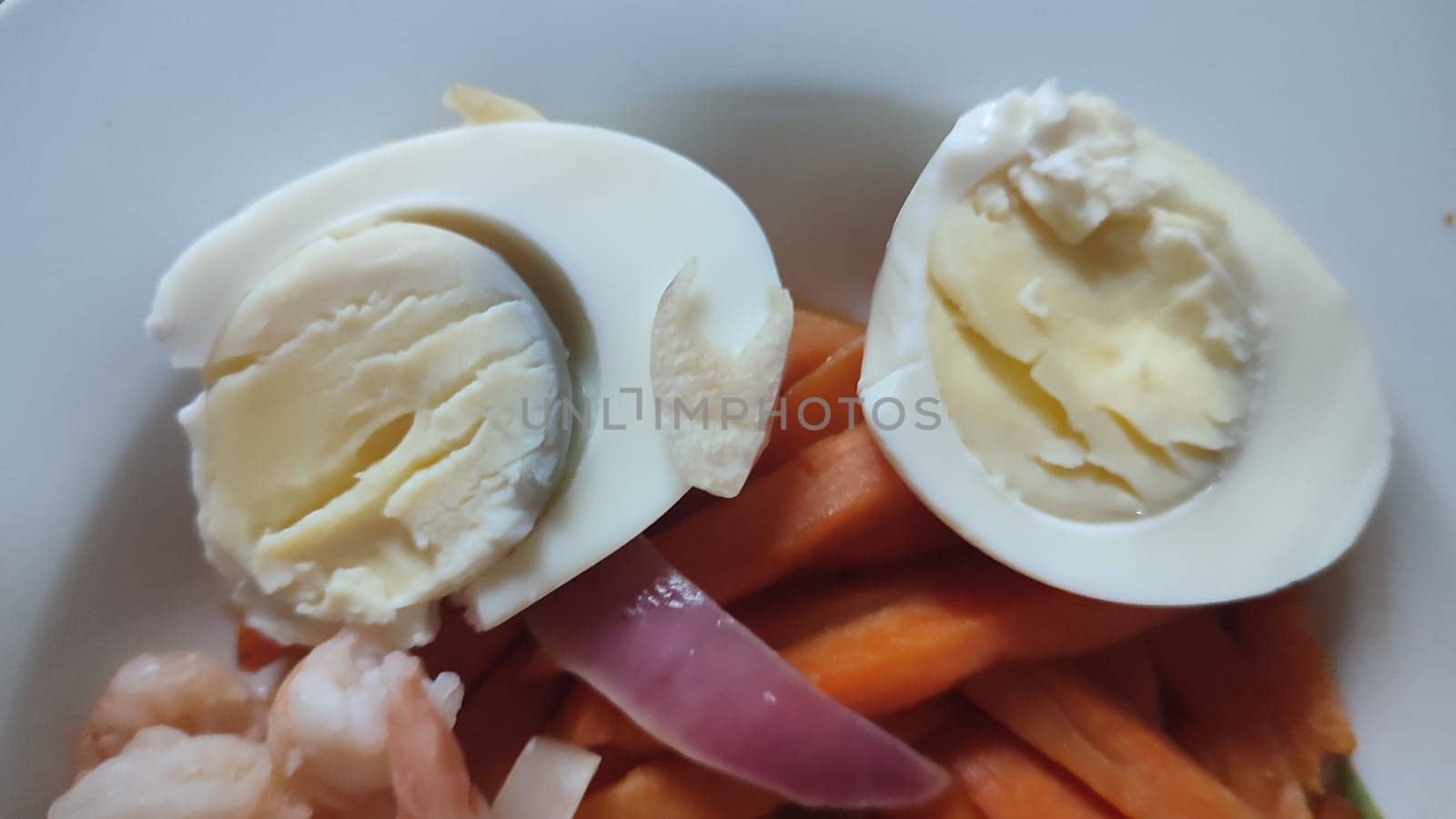 food boiled eggs, shrimp and sweet potato plate, lunch dinner cooking breakfast. High quality photo