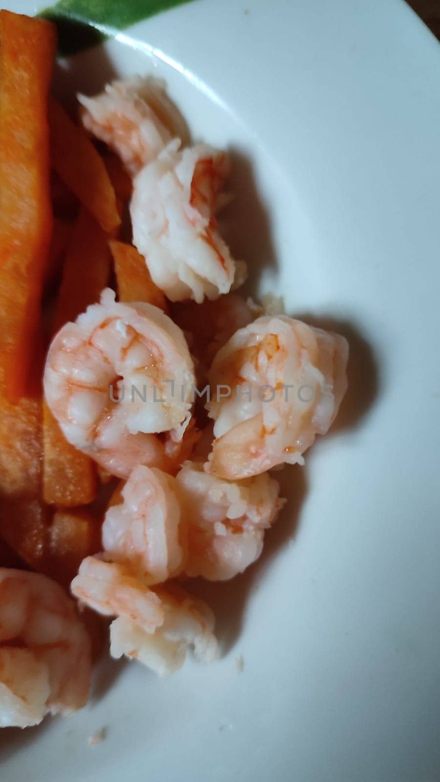 food boiled eggs, shrimp and sweet potato plate, lunch dinner cooking breakfast. High quality photo