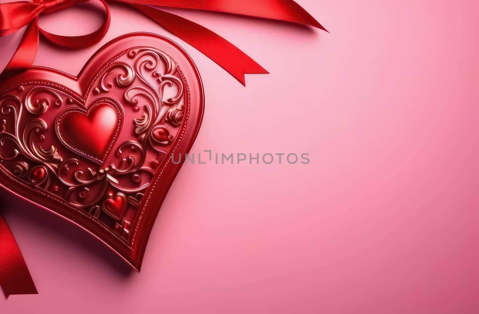 St. Valentines day, wedding banner with red ornamental heart on red background. Use for love sale banner, voucher, greeting card. Copy space. Beautiful love background for valentines day greeting card