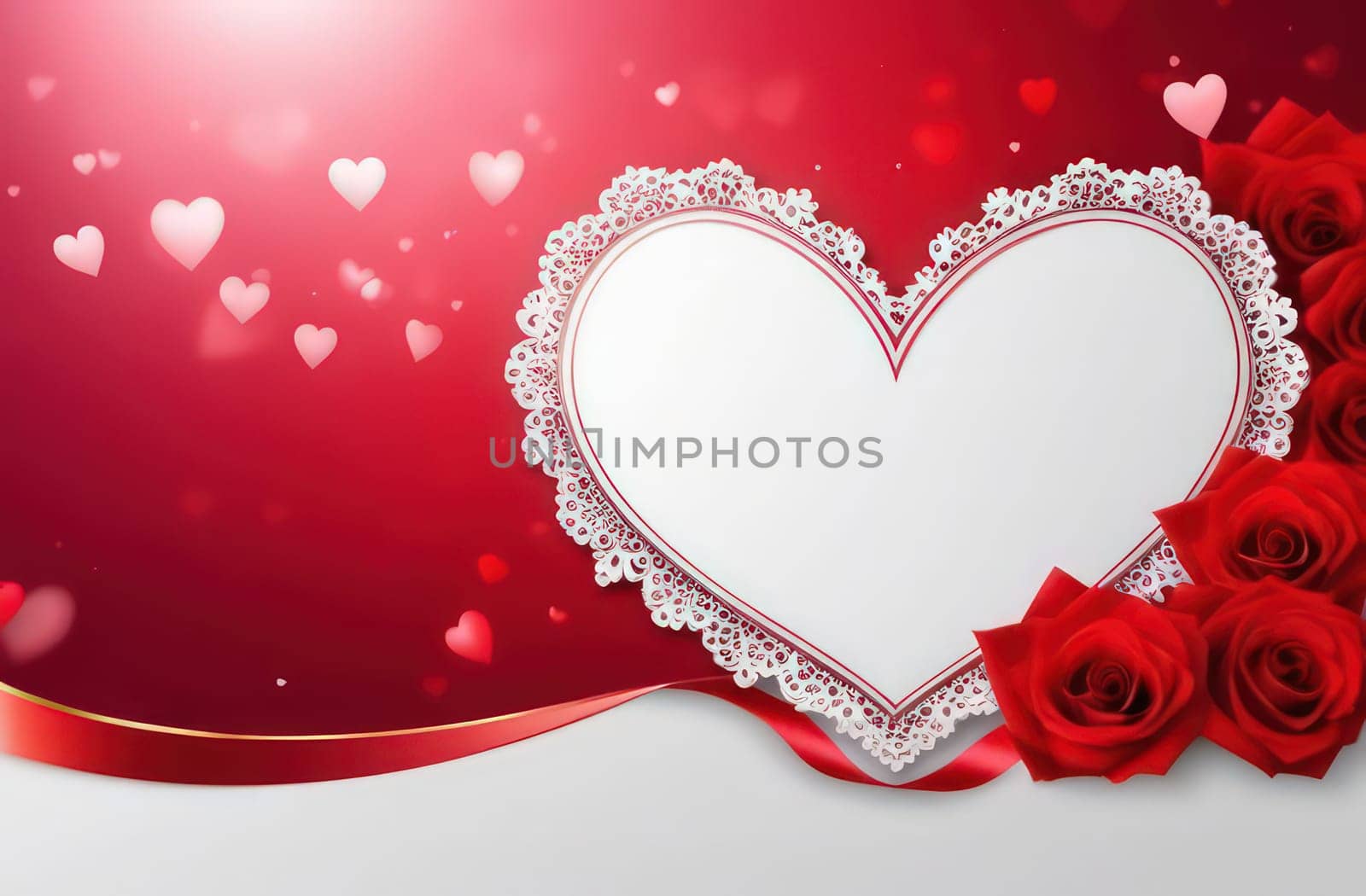 St Valentines day, wedding banner with red ornamental heart on red background. Use for love sale banner, voucher, greeting card. Copy space. Beautiful love background for valentines day greeting card. by Angelsmoon