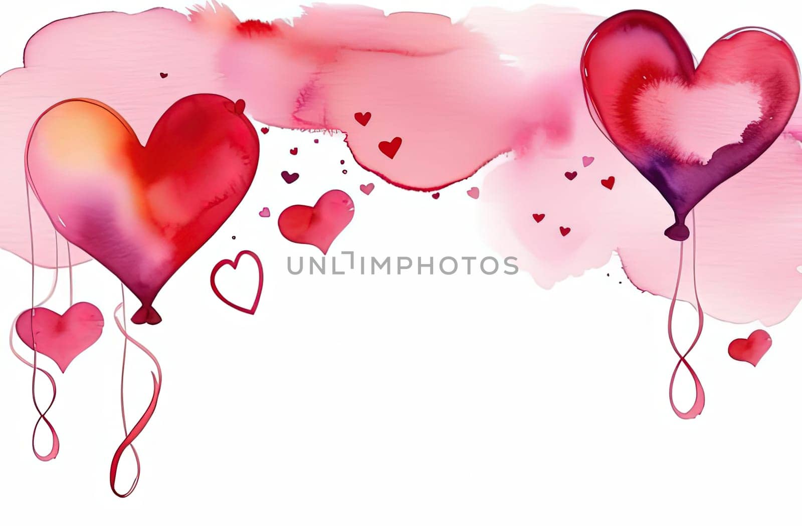 Valentines day watercolor abstract different hearts pastel background banner. Perfect for Valentines Day card, romantic themed design, voucher, greeting card, wrapping paper. Concept love. Copy space