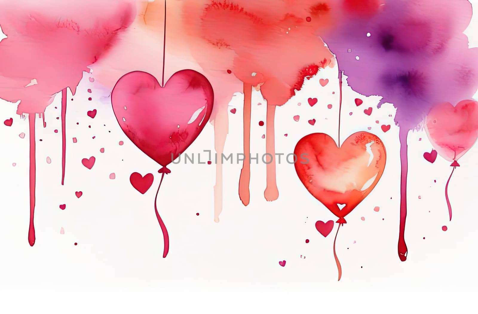 Valentines day watercolor abstract different hearts pastel background banner. Perfect for Valentines Day card, romantic themed design, voucher, greeting card, wrapping paper. Concept love. Copy space. by Angelsmoon