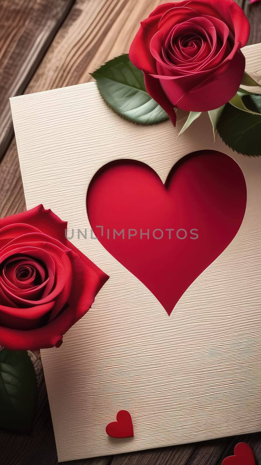 St. Valentines day, wedding vertical banner with abstract illustrated red heart, roses on wood background. Use for cute love sale banners, print, vouchers or greeting cards. Concept love, copy space. by Angelsmoon