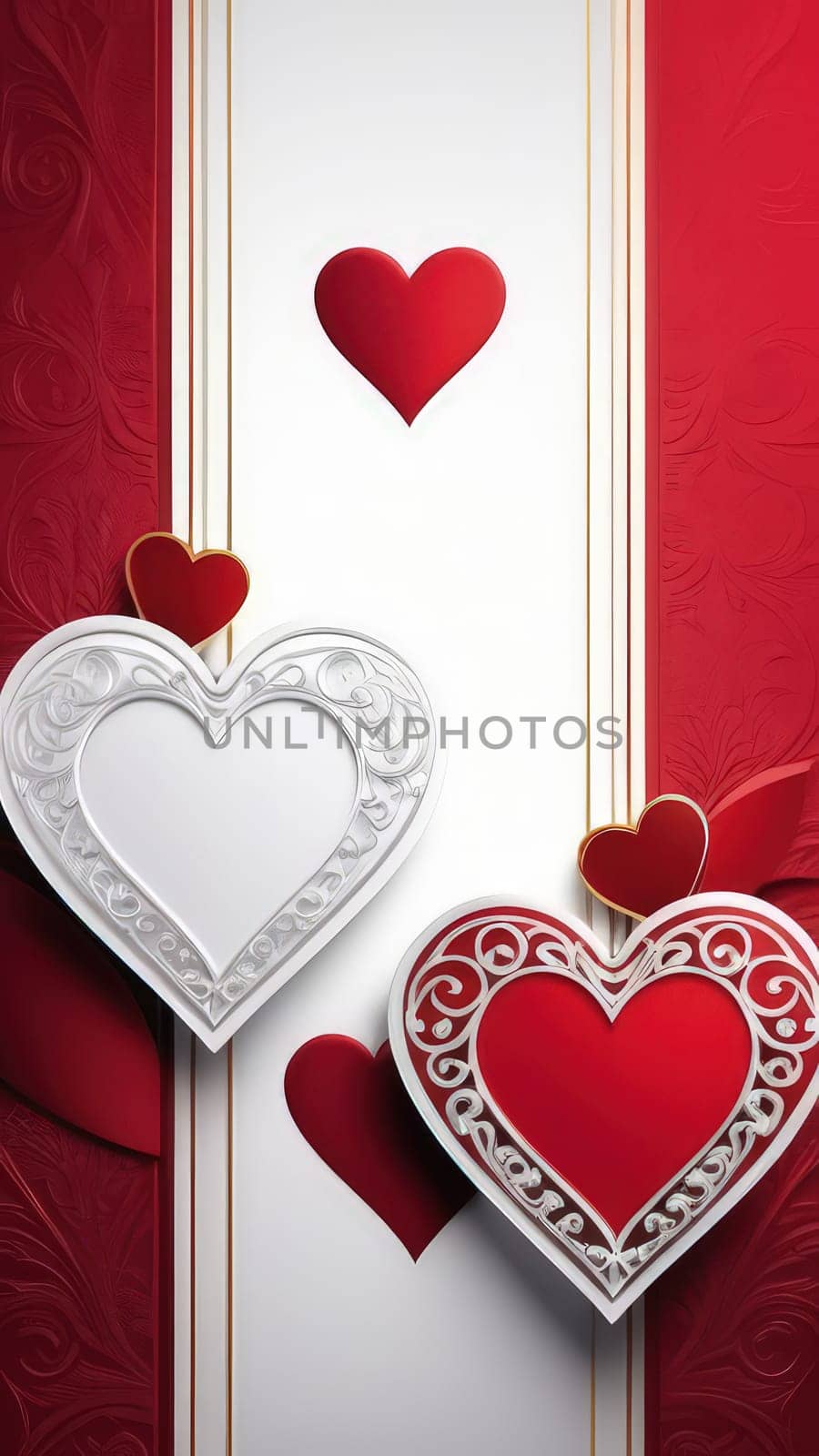 St Valentines day, wedding vertical banner with ornamental hearts on red background. Use for love sale banner, voucher. Copy space. Beautiful love background for valentines day greeting card