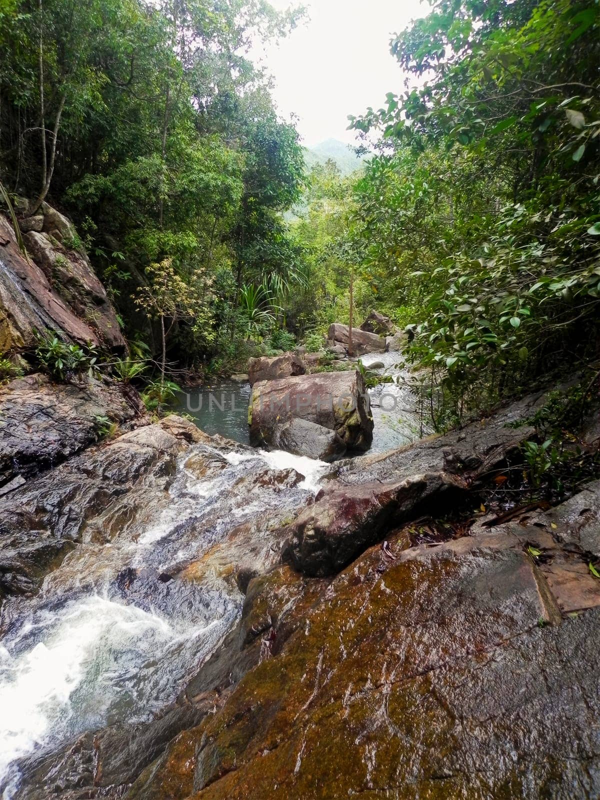 Waterfall and blue emerald watercolor in Thailand.