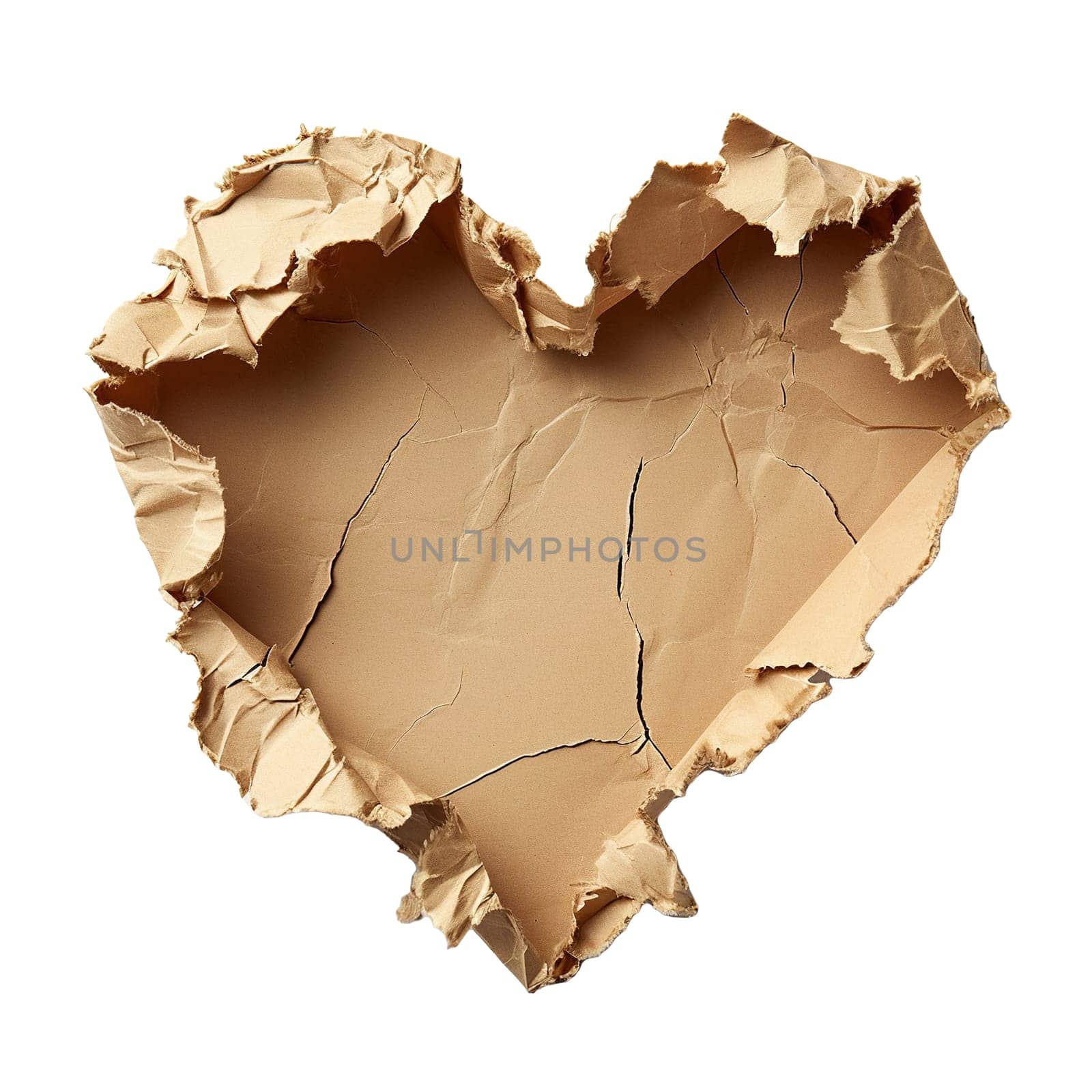 Blank brown piece of paper, heart shape. Isolated on white background. Ripped, jagged page. With empty space for text. Generative AI. by creativebird