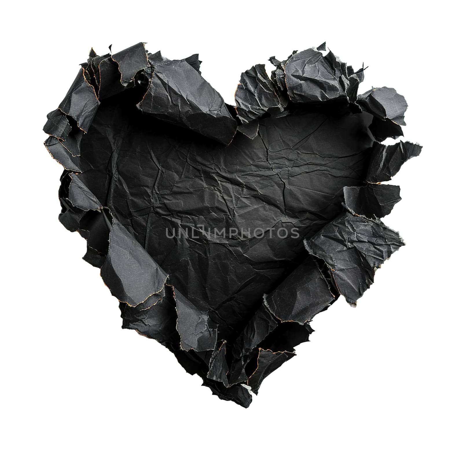 Blank, black piece of paper, heart shape. Isolated on white background. Ripped, jagged page. With empty space for text. Generative AI. by creativebird