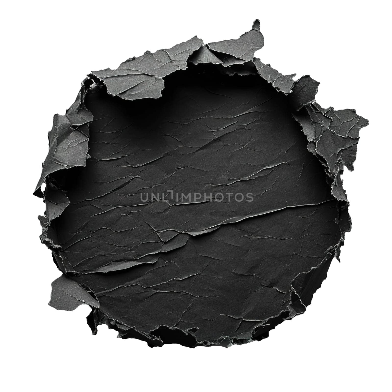 Blank black sheet of paper, round shape. Isolated on white background. Ripped, jagged page. With empty space for text. Generative AI. by creativebird