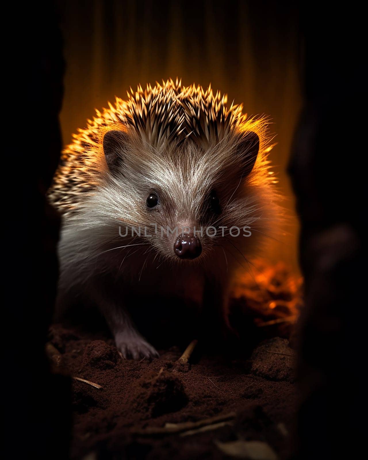 Curious hedgehog peering out, warmly backlit with an intense gaze.