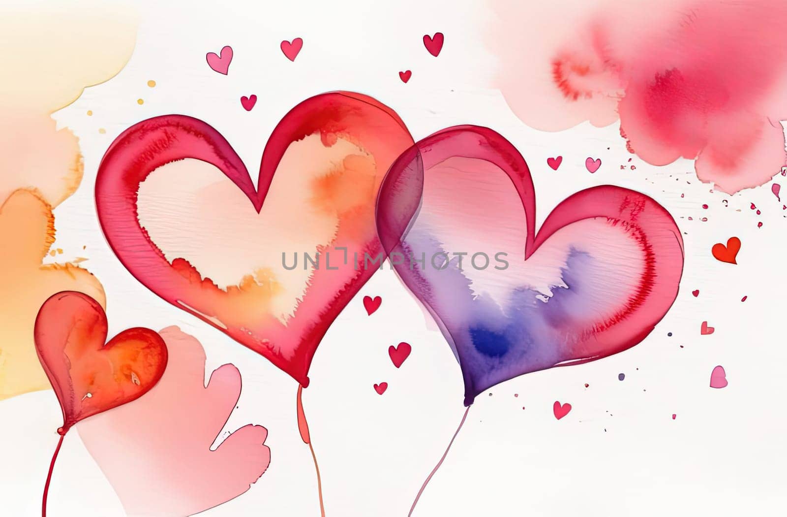 Valentines day watercolor abstract different hearts pastel background banner. Perfect for Valentines Day card, romantic themed design, voucher, greeting card, wrapping paper. Concept love. Copy space. by Angelsmoon