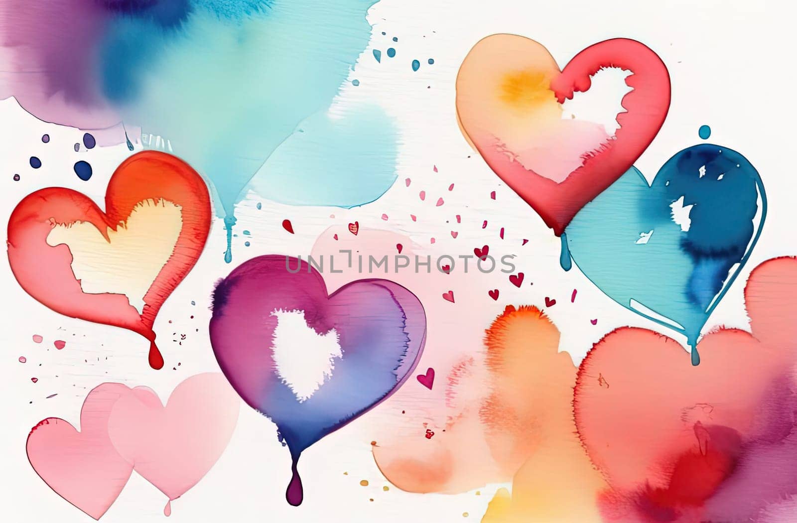 Valentines day watercolor abstract different hearts pastel background banner. Perfect for Valentines Day card, romantic themed design, voucher, greeting card, wrapping paper. Concept love. Copy space