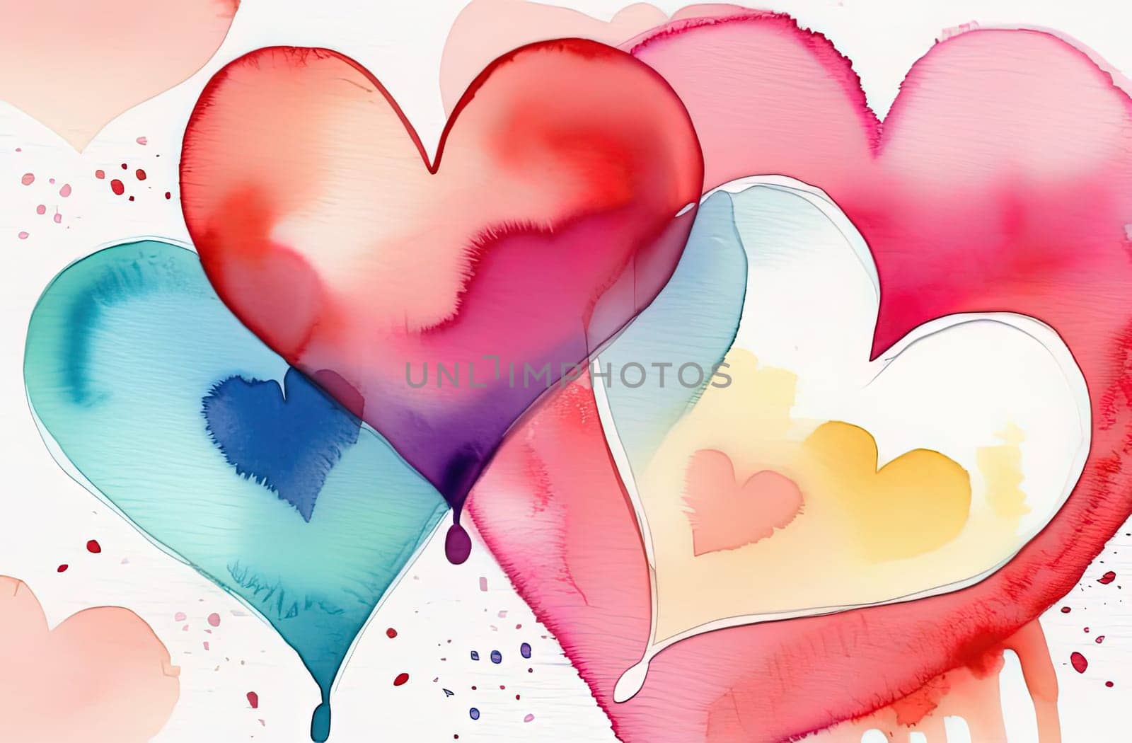 Valentines day watercolor abstract different hearts pastel background banner. Perfect for Valentines Day card, romantic themed design, voucher, greeting card, wrapping paper. Concept love. Copy space. by Angelsmoon