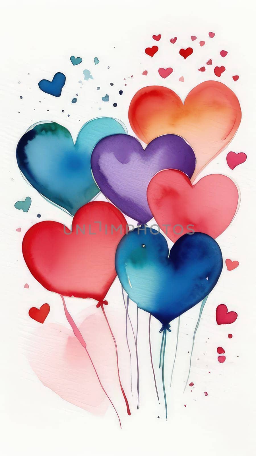 Valentines day watercolor abstract different hearts pastel background vertical banner. Perfect for Valentines Day card, romantic themed design, voucher, greeting card, wrapping paper. Copy space