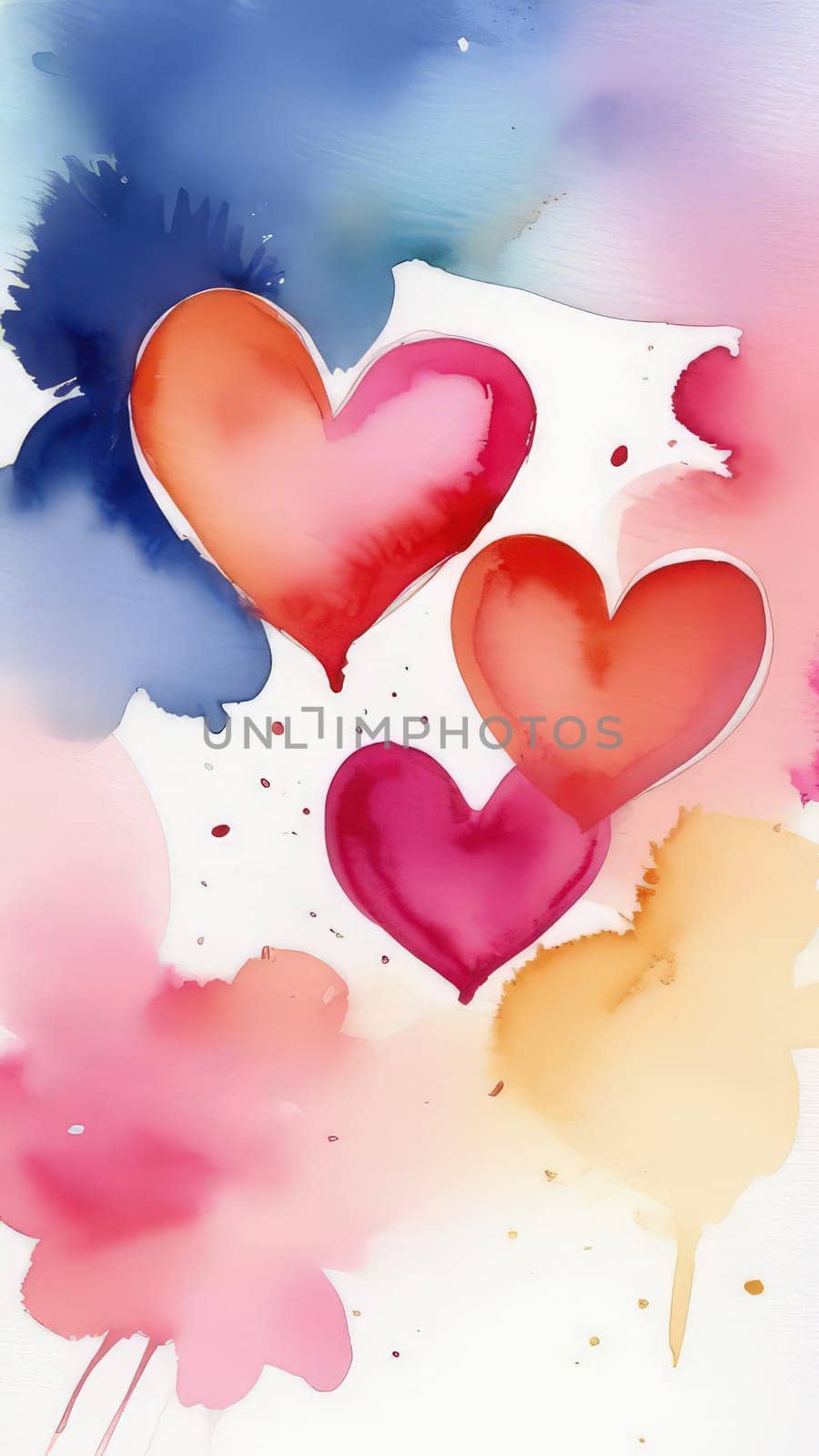 Valentines day watercolor abstract different hearts pastel background vertical banner. Perfect for Valentines Day card, romantic themed design, voucher, greeting card, wrapping paper. Copy space
