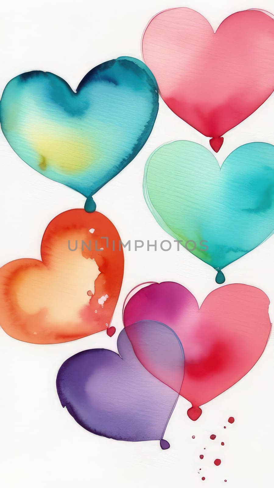 Valentines day watercolor abstract different hearts pastel background vertical banner. Perfect for Valentines Day card, romantic themed design, voucher, greeting card, wrapping paper. Copy space. by Angelsmoon