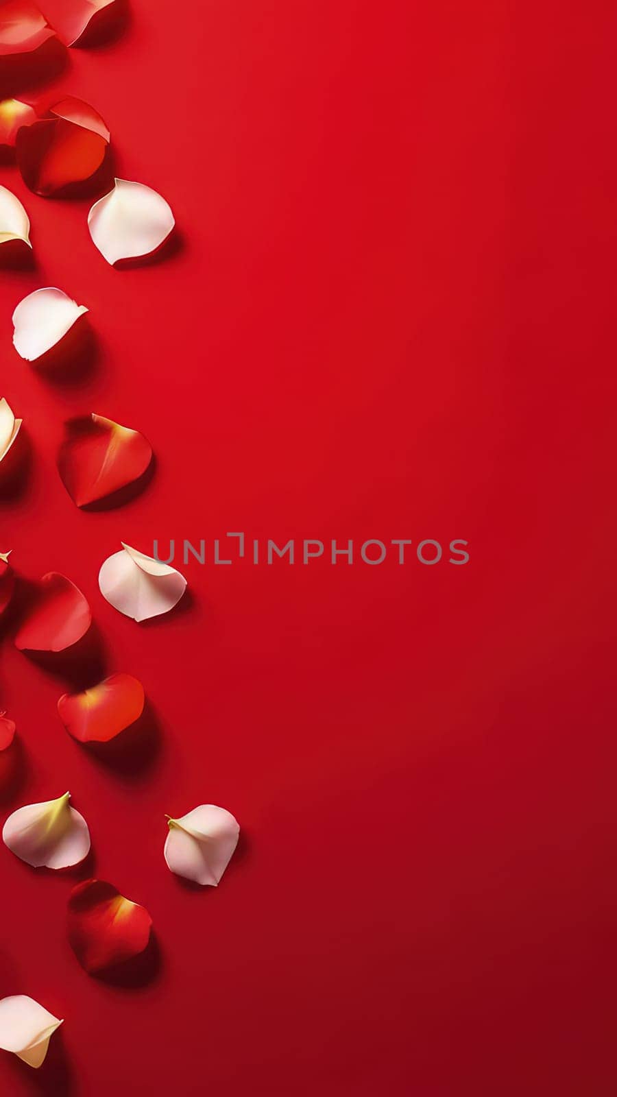 St Valentines day, wedding vertical banner with rose petals on red background, romance card template texture. Copy space. For cute love sale banner, voucher, greeting card, print, wrapping paper