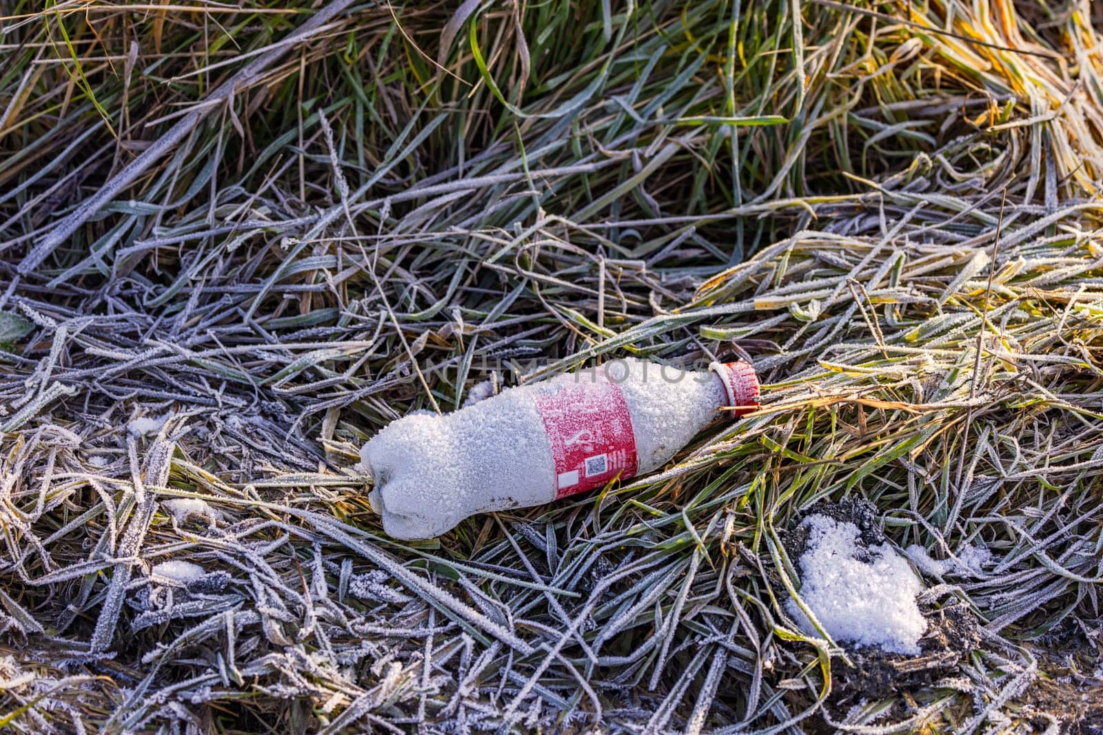 A plastic bottle frozen with ice crystals lies in nature in a meadow in winter
