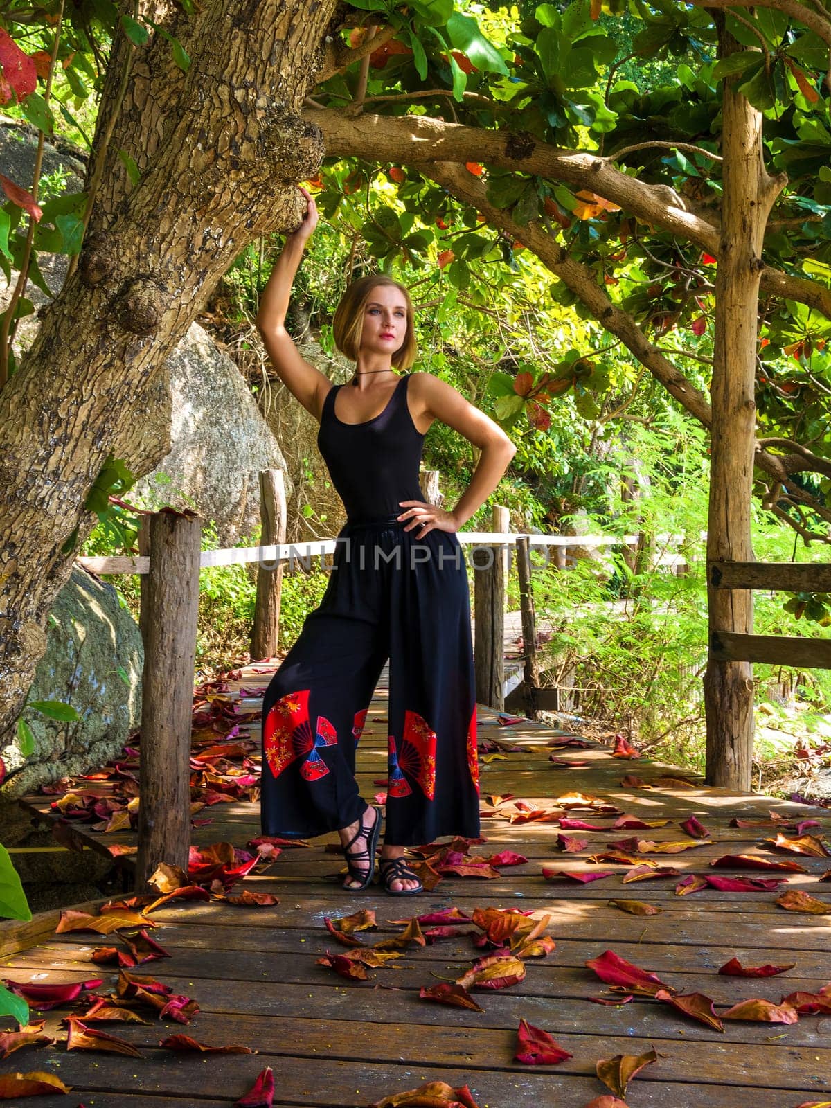 A young woman in black clothes poses by a tree in a rainforest on a wooden floor in fallen red foliage. walk in the forest on a tropical island