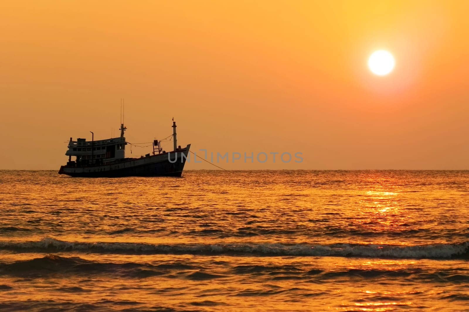 Sunset river boat silhouette view. River boat sunset landscape
