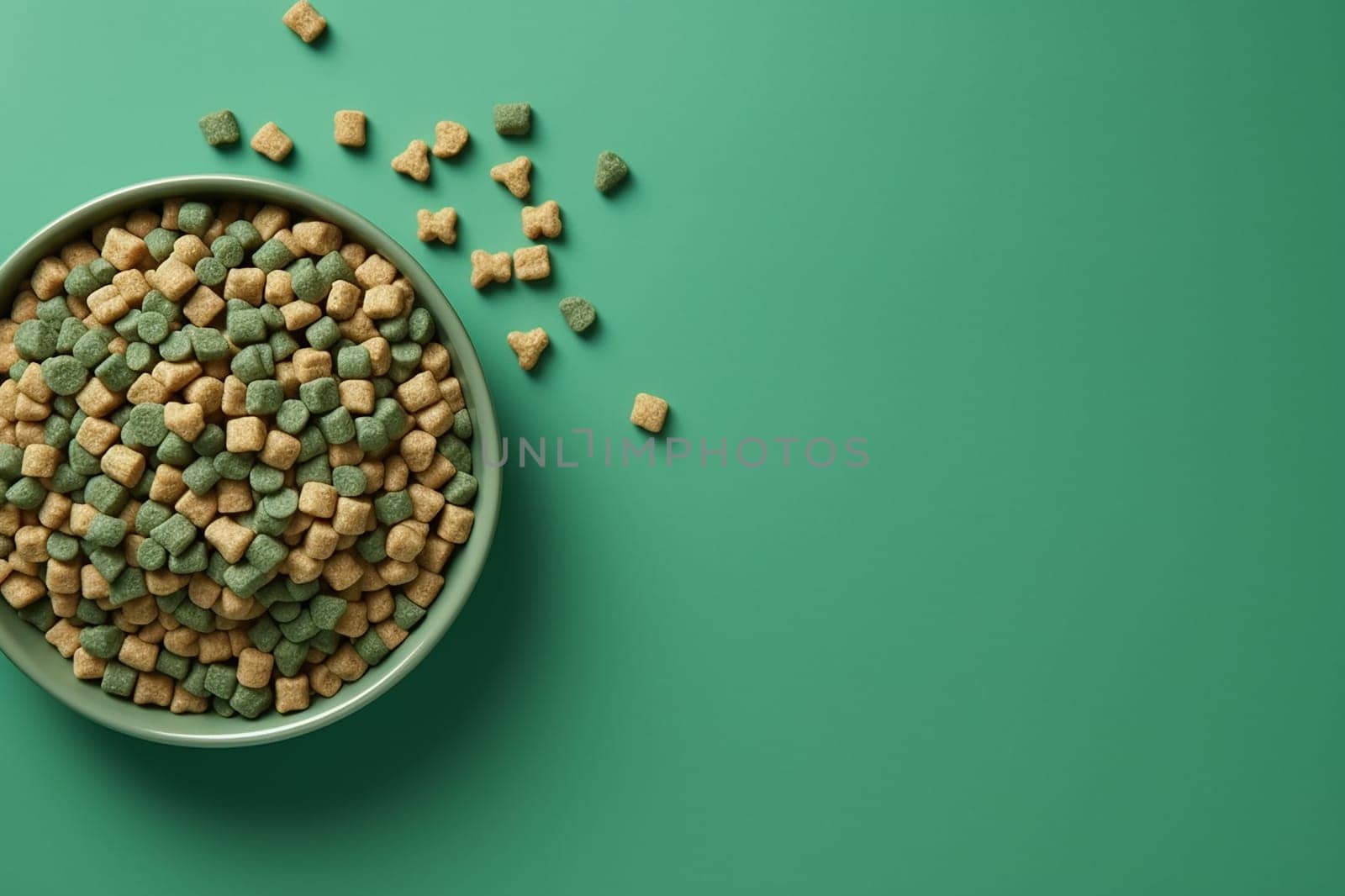 Metal dog bowls filled with dog kibble dry food on a wooden surface