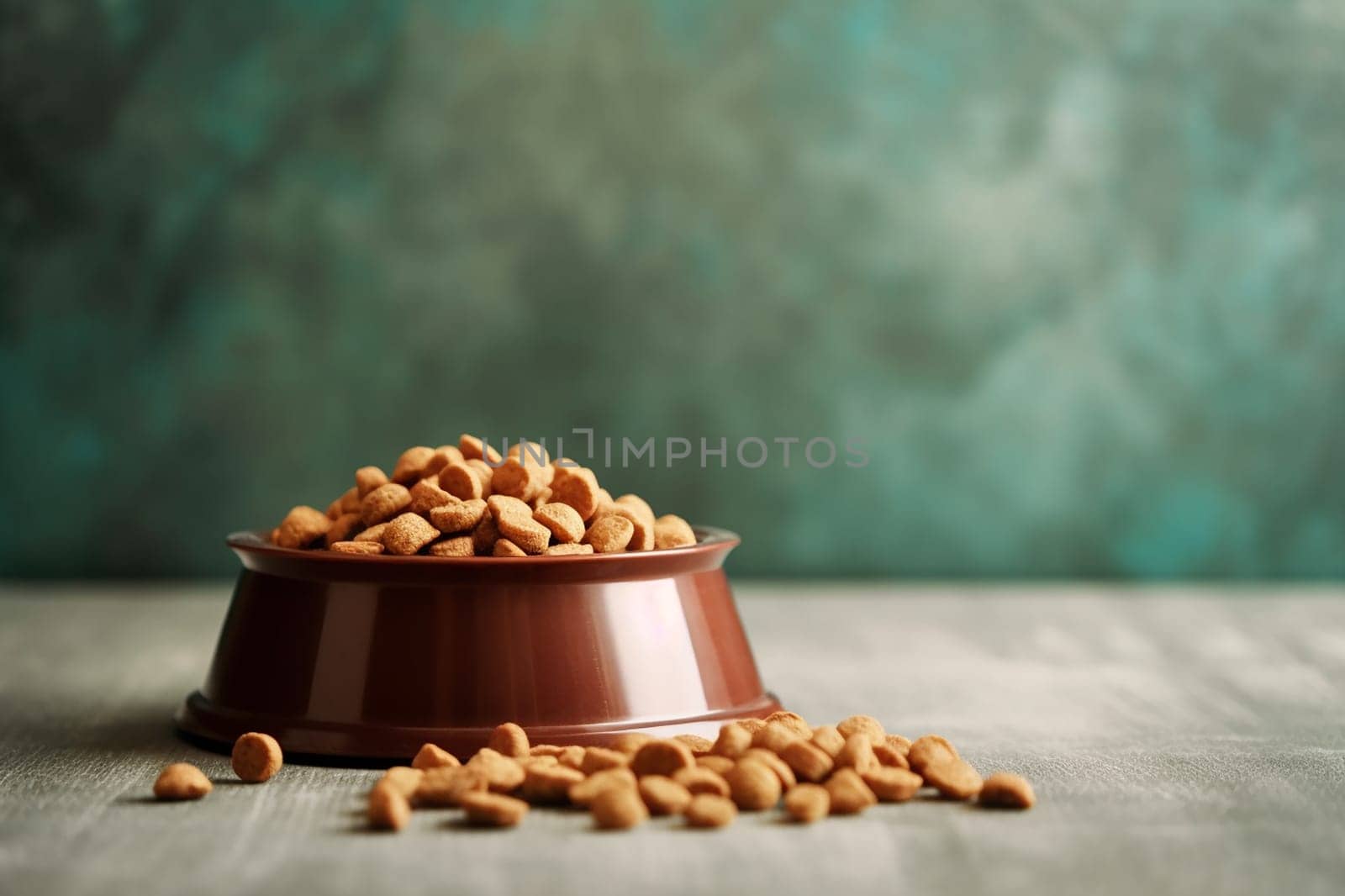Metal dog bowls filled with dog kibble dry food on a wooden surface