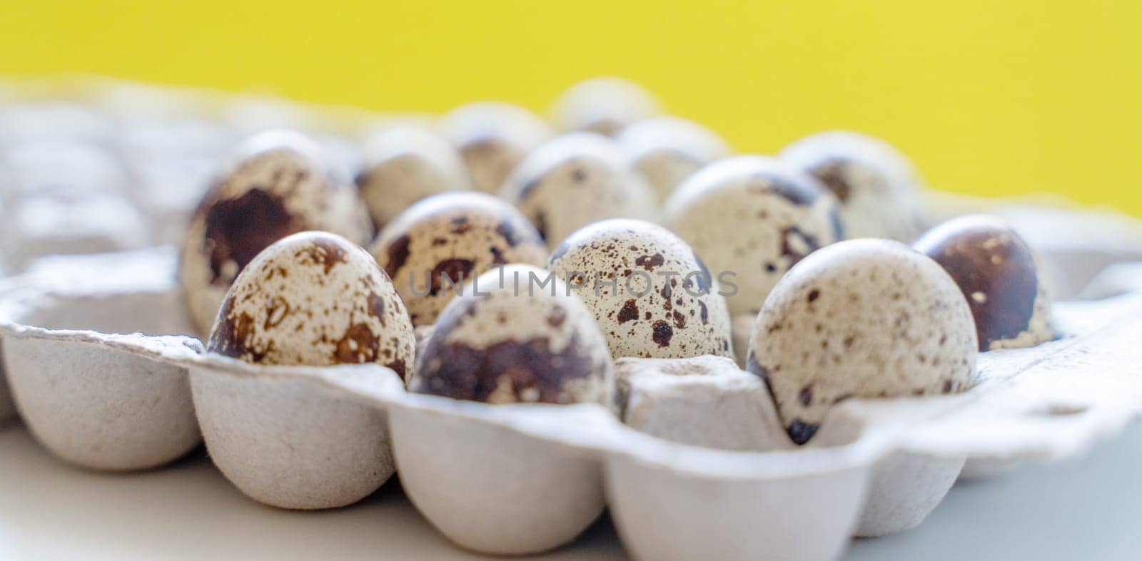 Spotted quail eggs in an egg box on a yellow background, natural eco friendly products