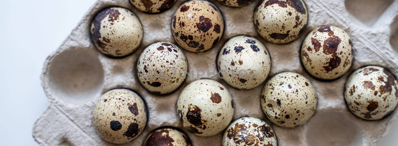 Spotted quail eggs in an egg box on a light background, natural eco-friendly products