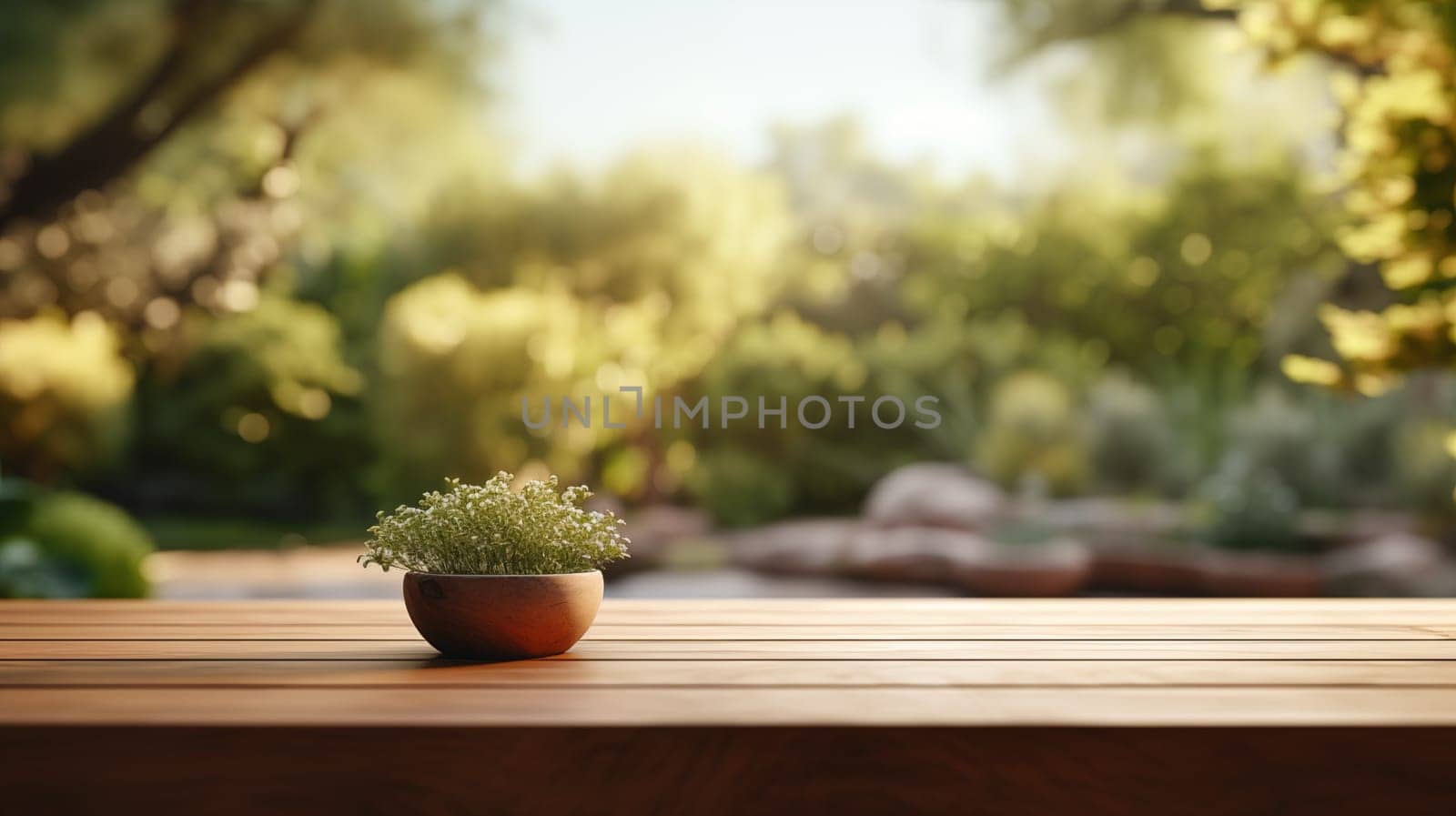 Peaceful garden scene with warm sunlit foliage and green plant on wooden table. Place for your product