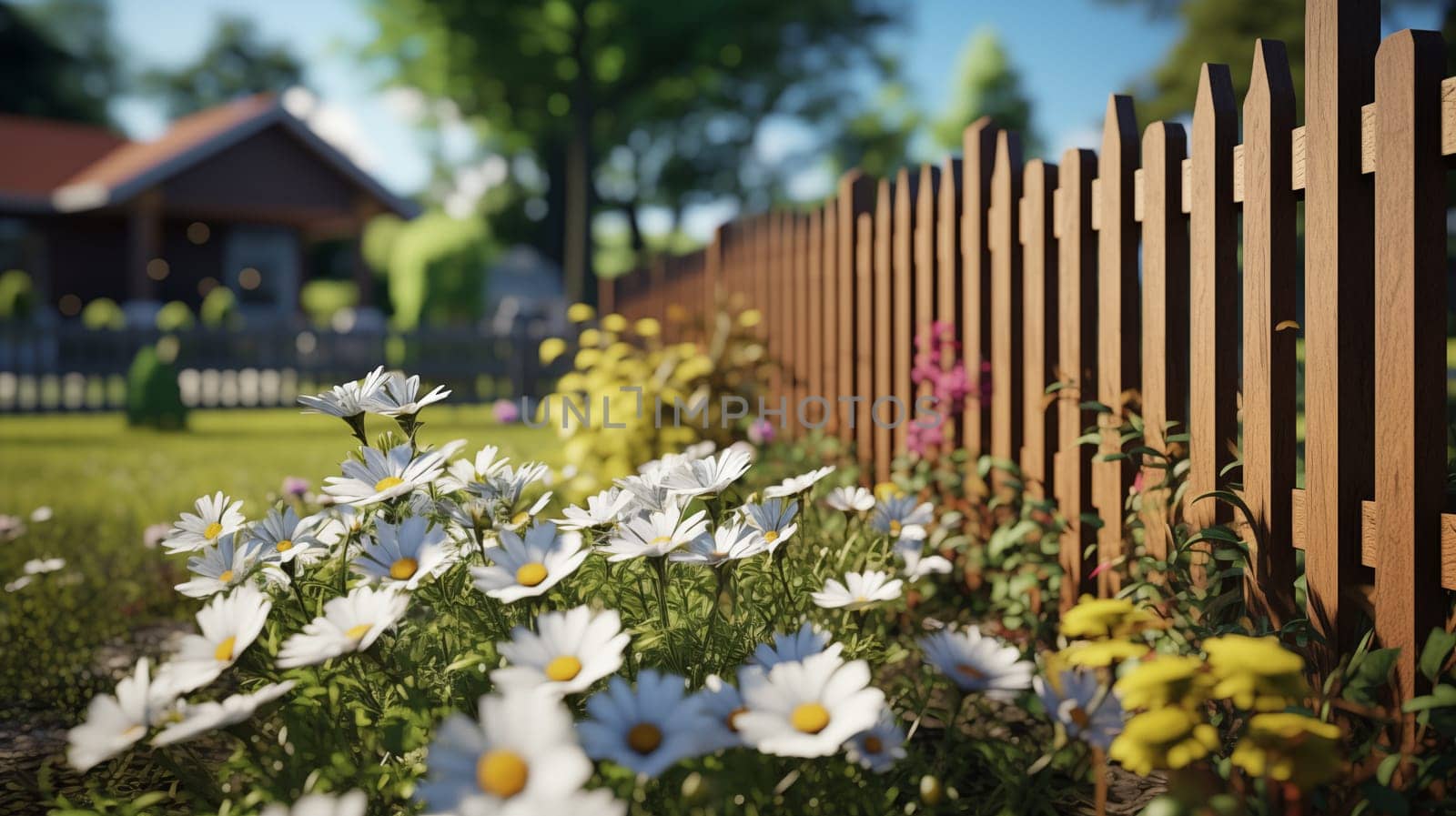White flowers blooming along a wooden picket fence in a suburban setting with a house in the background by Zakharova