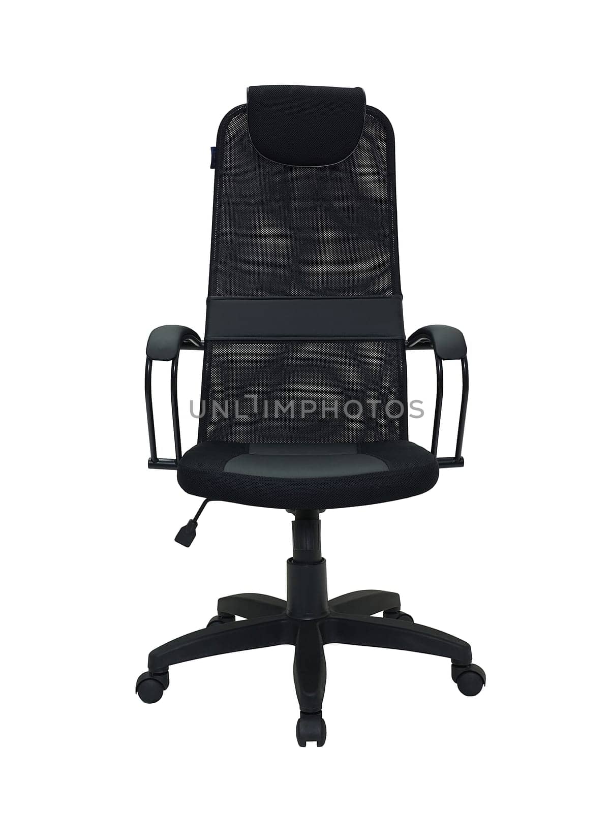 black office armchair on wheels isolated on white background, front view. furniture in minimal style
