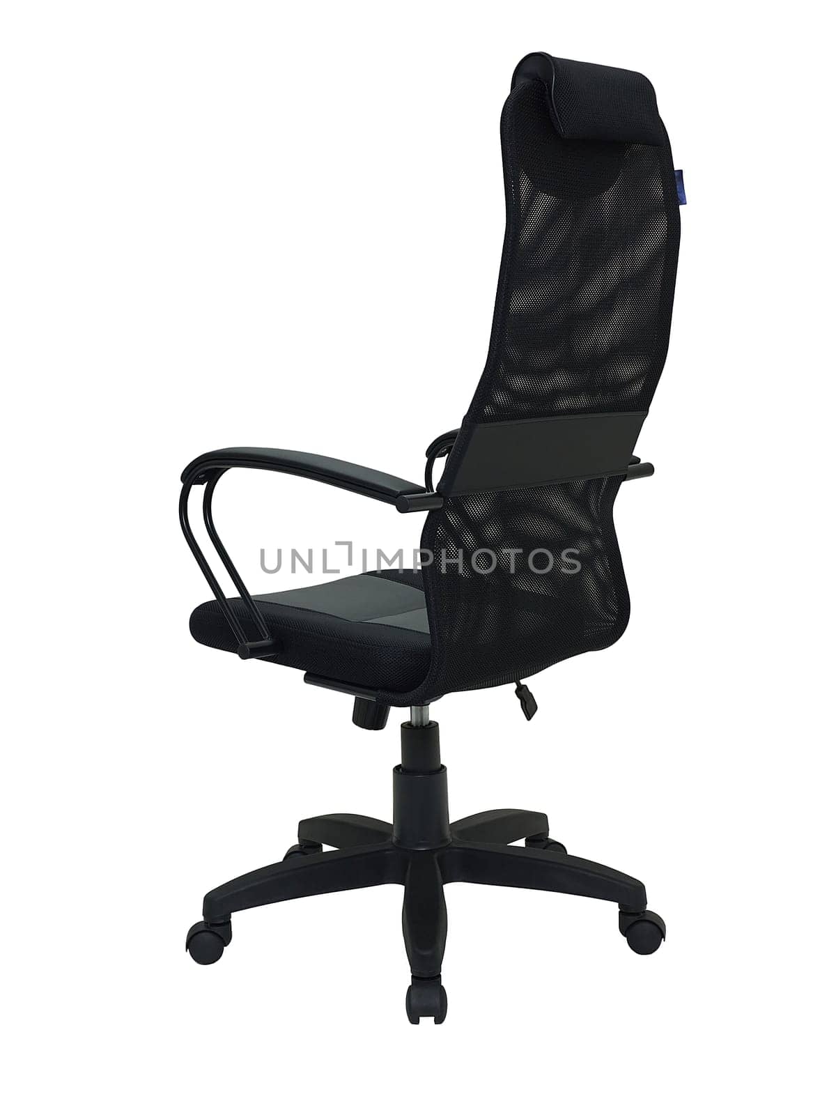 black office armchair on wheels isolated on white background, back view. furniture in minimal style