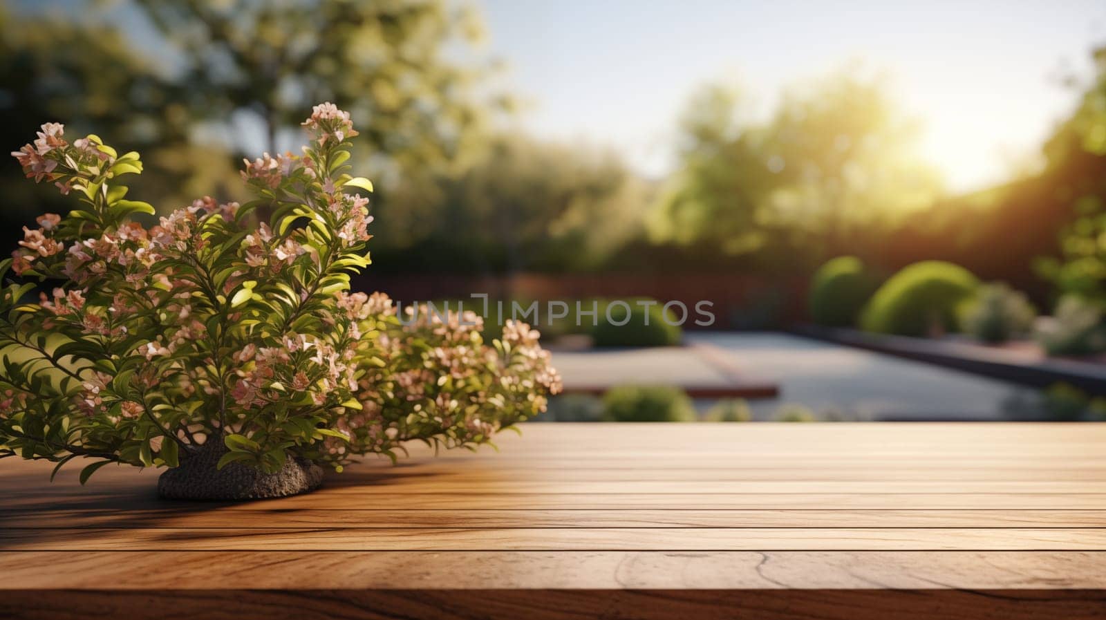 garden scene with warm sunlit foliage and flowering plant on wooden table. Place for your product