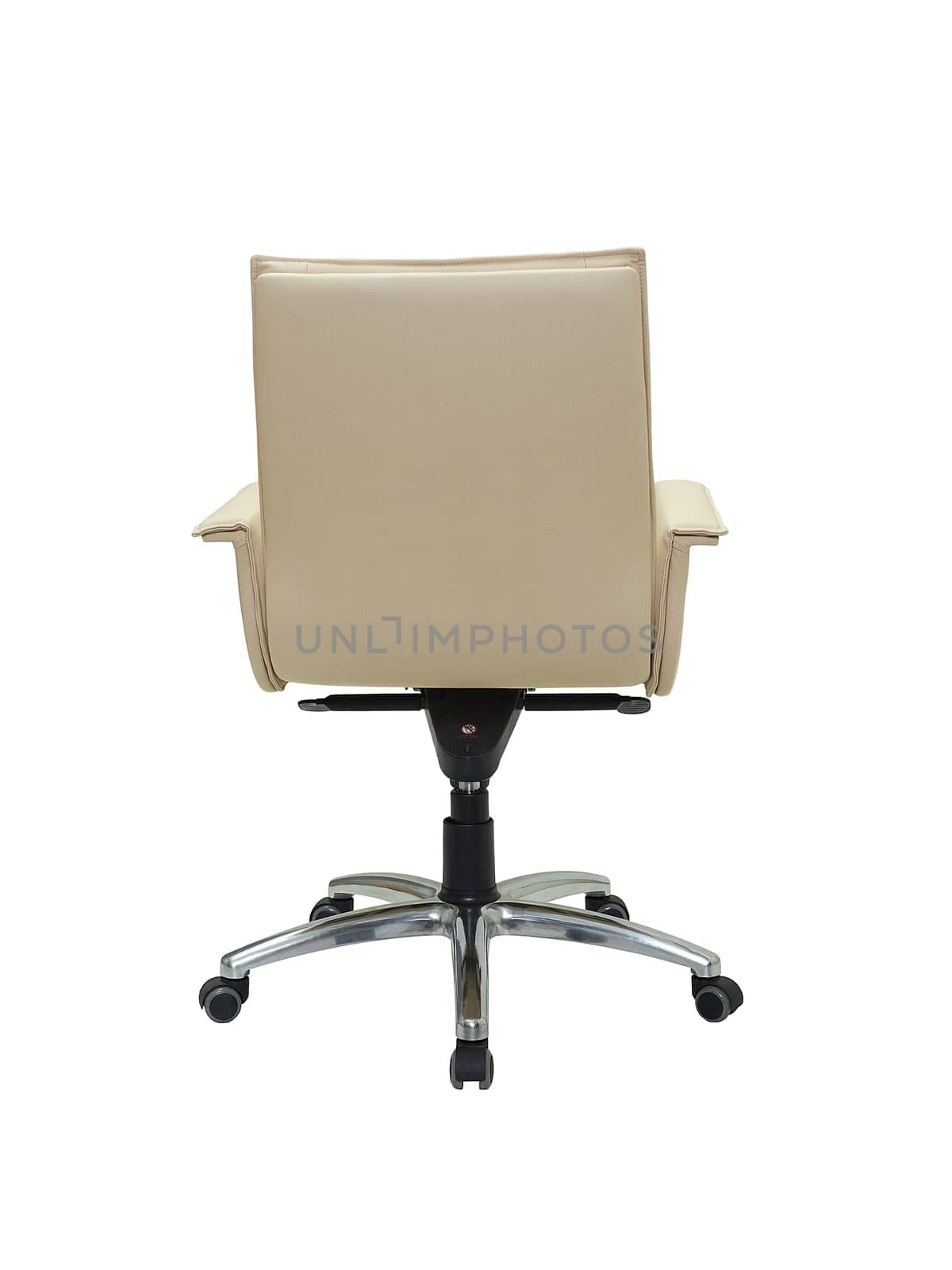beige office armchair on wheels isolated on white background, back view. furniture in minimal style