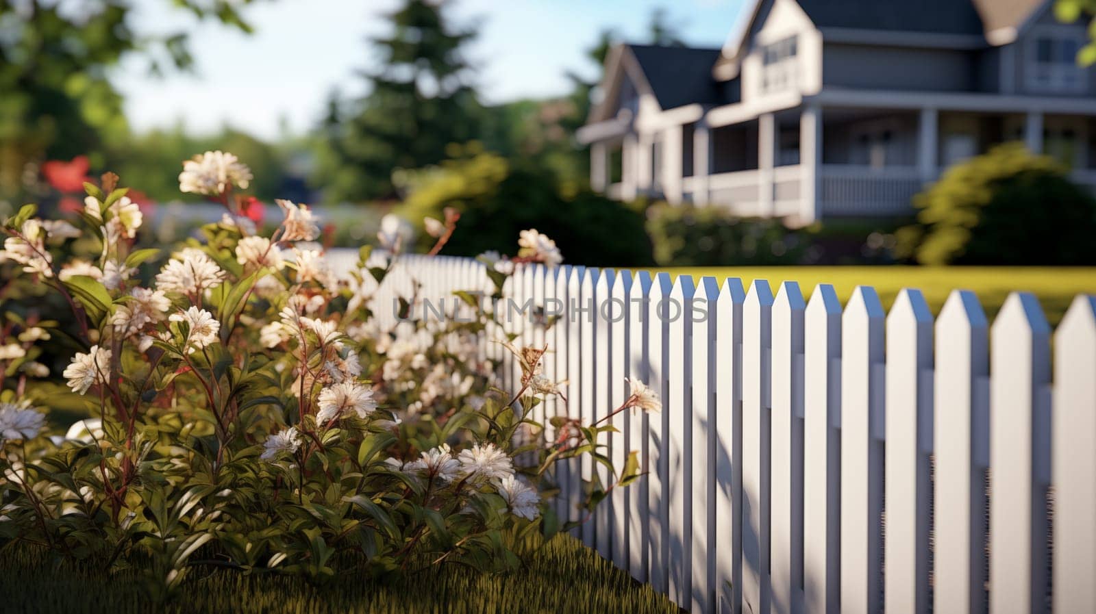 Cozy suburban home with a classic white picket fence and flowerbeds under the shade of mature trees.