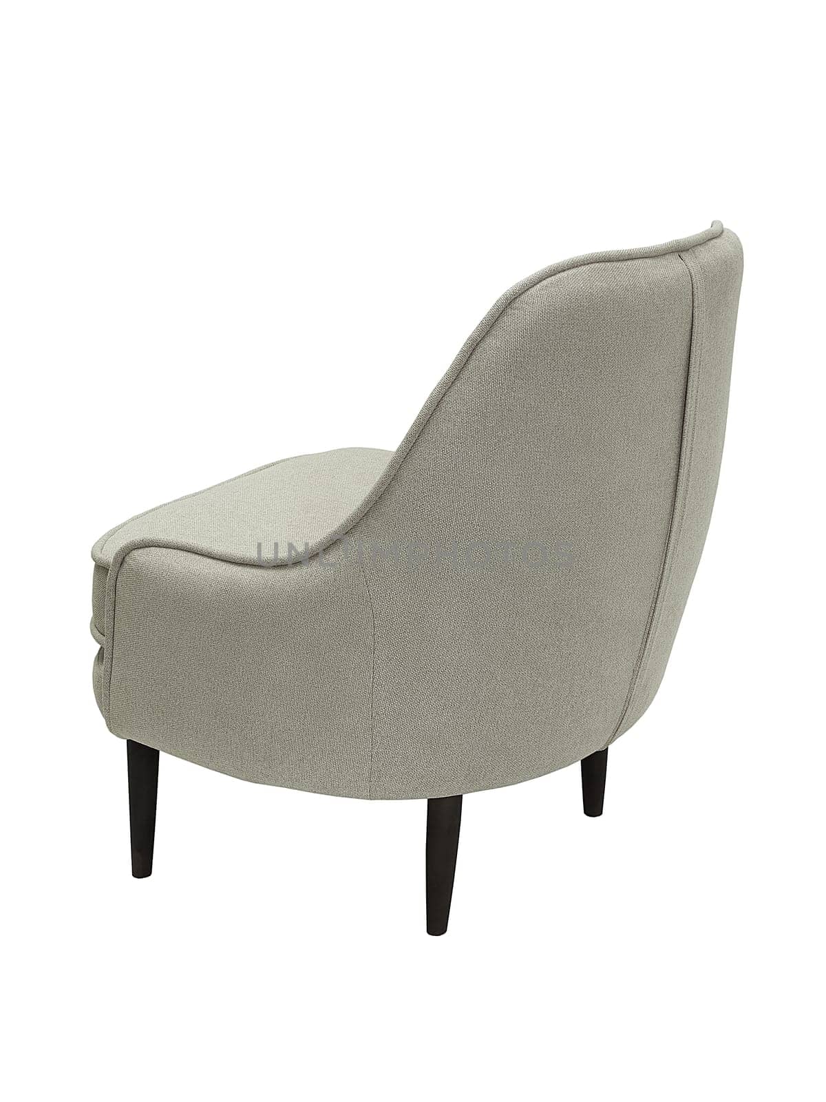 modern fabric grey armchair with wooden legs isolated on white background, back view.